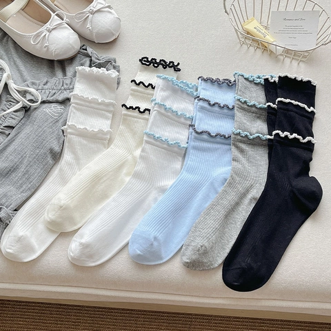 Crew Socken Damen Baumwollmischung Rüschenbesatz Rippstrick Salatrand Japanischer Süßer JK Stil Atmungsaktiv Ballettcore