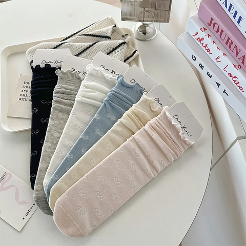 Womens Cotton Crew Socks Ruffle Lettuce Edge Bowtie Jacquard Sweet Japanese Style Breathable JK Fashion Hosiery Accessory