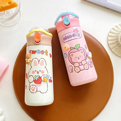Cartoon 304 Stainless Steel Vacuum Flask Portable Leak-proof Insulated Water Bottle With Straw For School Kids Students