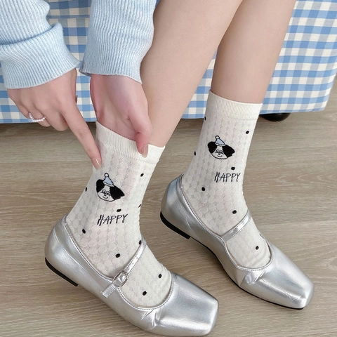 Women Cotton Crew Socks Cute Cartoon Dog Pattern Breathable Ribbed Mesh Japanese Style Kawaii Hosiery Accessories