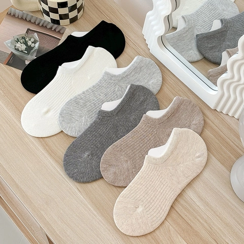 Women No Show Invisible Socks Thin Cotton Ribbed Non Slip Silicone Anti Skid Low Cut Plain Daily Casual
