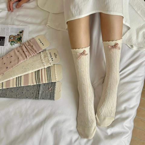Women Mid Calf Socks Cotton Knitted Sweet Bow Ruffle Mori Girl Japanese Korean Style Breathable