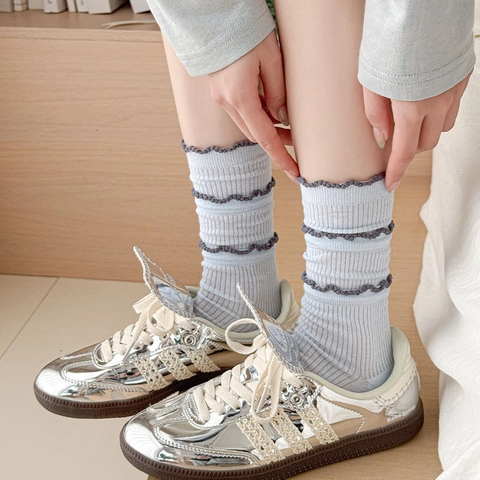 Crew Socken Damen Baumwollmischung Rüschenbesatz Rippstrick Salatrand Japanischer Süßer JK Stil Atmungsaktiv Ballettcore