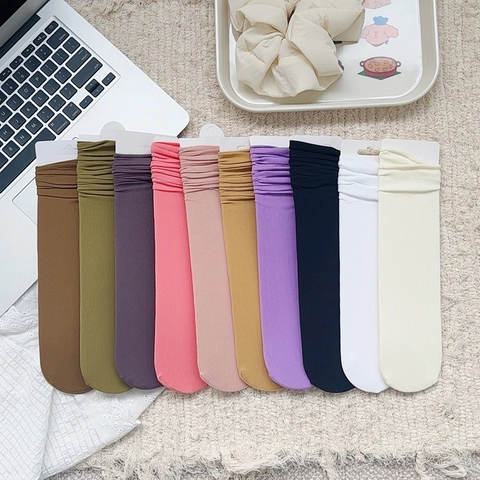 Chaussettes Mi-Mollet En Nylon Côtelé Pour Femmes Respirantes Style Slouchy Couleur Unie Mode Japonaise