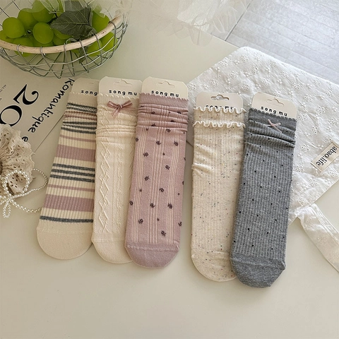 Women Mid Calf Socks Cotton Knitted Sweet Bow Ruffle Mori Girl Japanese Korean Style Breathable
