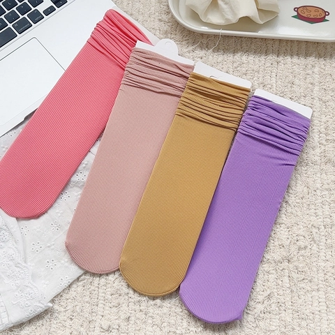 Chaussettes Mi-Mollet En Nylon Côtelé Pour Femmes Respirantes Style Slouchy Couleur Unie Mode Japonaise