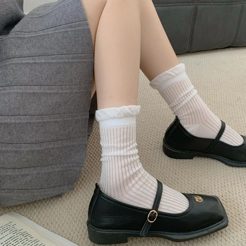 Women Mid Calf Socks Cotton Blend Ribbed Knit Ruffle Trim Lettuce Edge Solid Color Sweet Japanese Style Minimalist