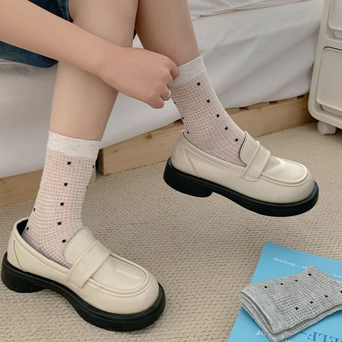 Damen Crew Socken Baumwollmischung Atmungsaktiv Mesh Polka Dot Muster Japanischer Stil Sommer Dünn Casual Wadenhoch