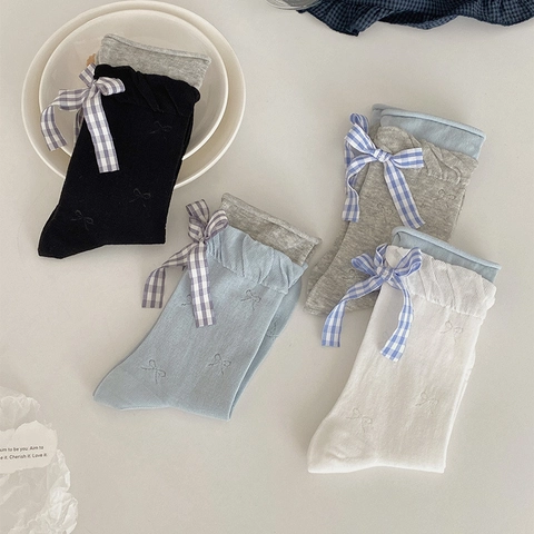 Mid Calf Socks Cotton With Plaid Bow Ruffle Lettuce Edge Japanese JK Style Sweet For Women