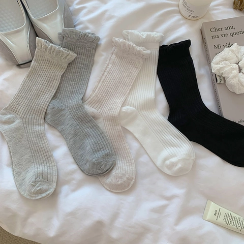 Women Mid Calf Socks Cotton Blend Ribbed Knit Ruffle Trim Lettuce Edge Solid Color Sweet Japanese Style Minimalist