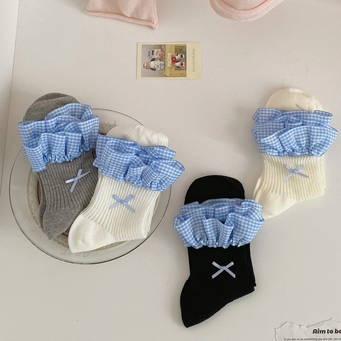 Fashion Crew Socken Baumwolle Gerippt Gingham Rüschenmanschette Schleifenknoten Süßer JK Stil Mädchenhaft Damen