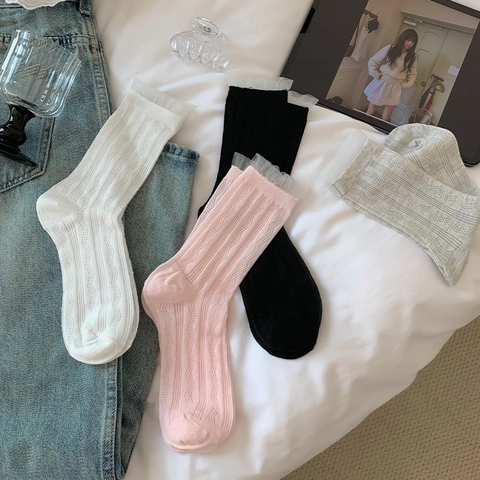 Women Lace Trim Mid Calf Socks Cotton Mesh Breathable Hollow Out Sweet Japanese Style Fashion Accessory