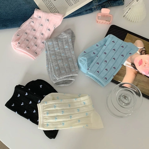 Chaussettes Femme Coton Mi-Hautes Motif Coeur Tricot Côtelé Respirant Doux Mignon Style Japonais Décontracté