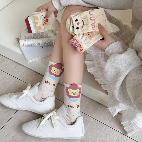 Women Crew Socks Cotton Blend Ruffle Edge Cartoon Bear Rainbow Speckle Japanese Style Cute Knit