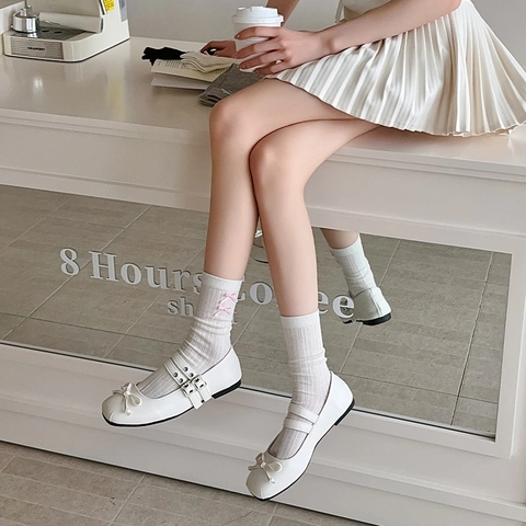 Calze Metà Polpaccio Donna Misto Cotone Maglia Costine Fiocco Stile Giapponese Balletcore JK Moda
