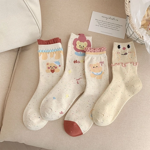 Women Crew Socks Cotton Blend Ruffle Edge Cartoon Bear Rainbow Speckle Japanese Style Cute Knit