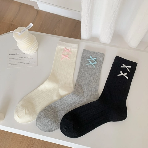Calze Metà Polpaccio Donna Misto Cotone Maglia Costine Fiocco Stile Giapponese Balletcore JK Moda