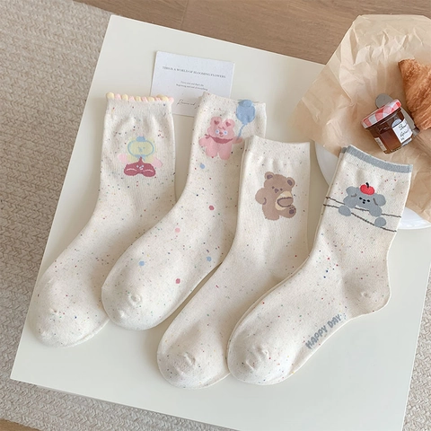 Calze Al Polpaccio In Cotone Da Donna Motivo Orso Cartone Animato Puntini Coriandoli Stile Giapponese Kawaii Casual
