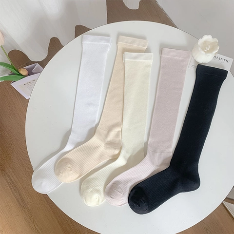Women Calf Socks Cotton Ribbed Mesh Breathable Thin JK Uniform Lolita Japanese Style Solid Color
