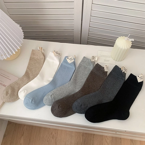 Women Cotton Socks Mid-Calf Ribbed Knit Casual Japanese Style With Woven Label Soft Breathable