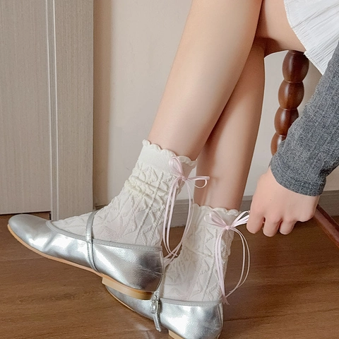 Balletcore Cotton Crew Socks With Ribbon Bow Ruffle Edge Sweet Lolita Style For Women Breathable Solid Knit