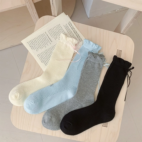 Sweet Mid Calf Socks For Women Cotton Mesh Hollow Out Breathable Ribbon Bow Decoration Korean Style Lolita Fashion