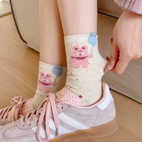 Calze Al Polpaccio In Cotone Da Donna Motivo Orso Cartone Animato Puntini Coriandoli Stile Giapponese Kawaii Casual