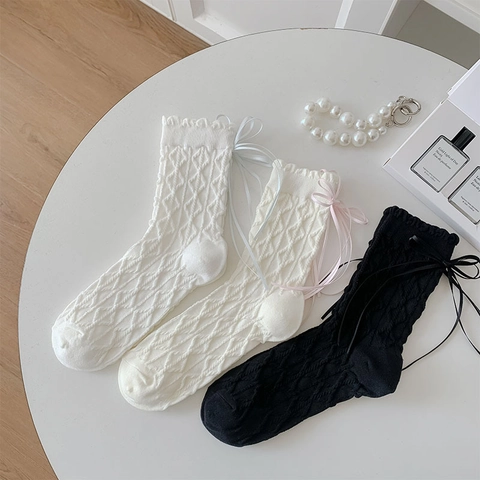 Balletcore Cotton Crew Socks With Ribbon Bow Ruffle Edge Sweet Lolita Style For Women Breathable Solid Knit