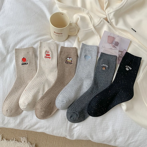 Women Crew Socks Cotton Ribbed Speckled Yarn Embroidered Cherry Apple Cupcake Japanese Style Kawaii Sweet Breathable