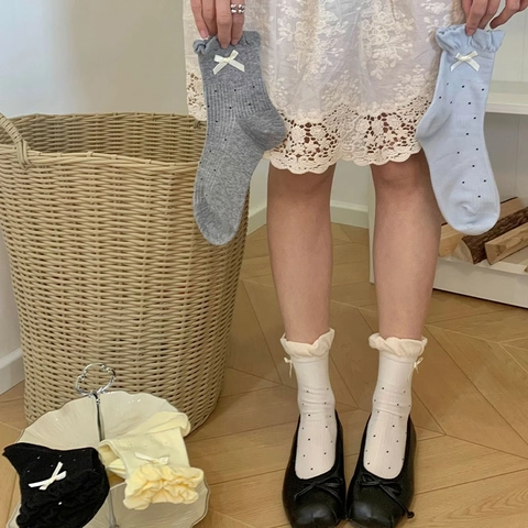 Damen Socken Im Japanischen Stil Baumwollmischung Crew Mit Schleife Rüschenkante Und Punktmuster Süß Atmungsaktiv