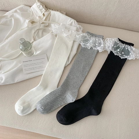 Chaussettes Mi-mollet Femmes Coton Côtelé Dentelle Douce Pois Maille Style Japonais JK Lolita Chaussettes Hautes