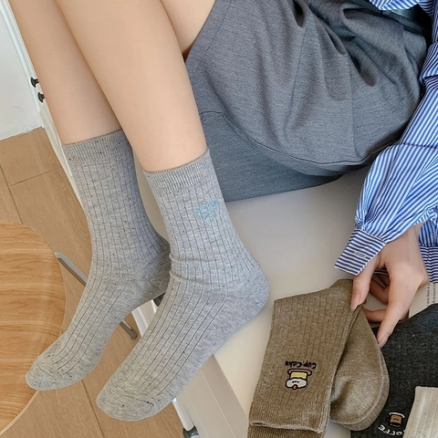 Women Crew Socks Cotton Ribbed Speckled Yarn Embroidered Cherry Apple Cupcake Japanese Style Kawaii Sweet Breathable