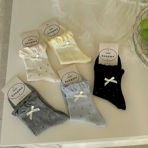Damen Socken Im Japanischen Stil Baumwollmischung Crew Mit Schleife Rüschenkante Und Punktmuster Süß Atmungsaktiv