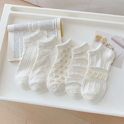 Women Ankle Socks White Cotton Blend Breathable Mesh Lace Trim Hollow Out Heart Pattern Ruffle Edge Sweet Japanese Style