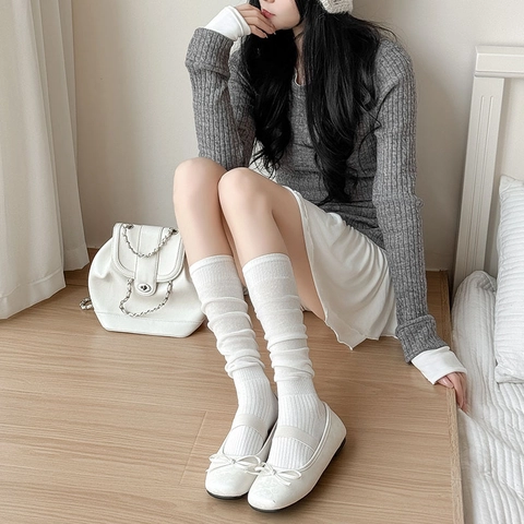 Calcetines Altos Arrugados Para Mujer Algodón Punto Canalé Color Sólido Transpirable Estilo Preppy Japonés JK Medias Informales