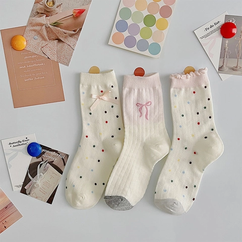 Calcetines Media Pierna Dulces Estilo Japonés para Mujer Mezcla Algodón Finos Transpirables Lazo Lunares Cinta Borde