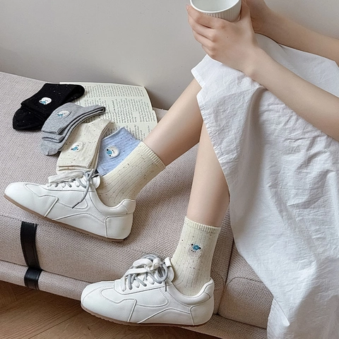 Women Crew Socks Cotton Blend Confetti Yarn Bear Embroidery Ribbed Cuff Casual Japanese Style Breathable