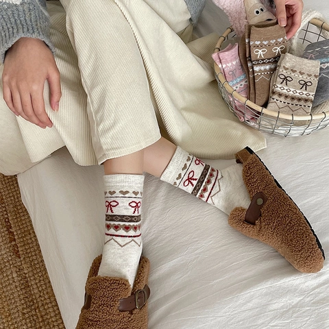 Calze Slouch In Maglia Misto Lana Calde Invernali Metà Polpaccio Crew Calzini Motivo Fiocco Cuore Stile Retro Dolce Per Donna