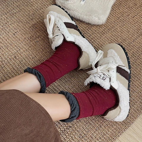 Damen Wadenlange Socken Baumwollmischung Gestreift Gepunktet Schleife Japanischer Vintage Stil Herbst Winter