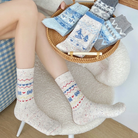 Calze Al Polpaccio Donna Misto Lana Maglia Spessa Termica Calda Inverno Motivo Nordico Fair Isle Stile Giapponese Carino