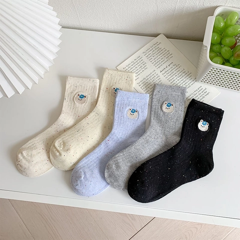 Women Crew Socks Cotton Blend Confetti Yarn Bear Embroidery Ribbed Cuff Casual Japanese Style Breathable