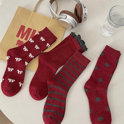 Damen Wadenlange Socken Baumwollmischung Gestreift Gepunktet Schleife Japanischer Vintage Stil Herbst Winter