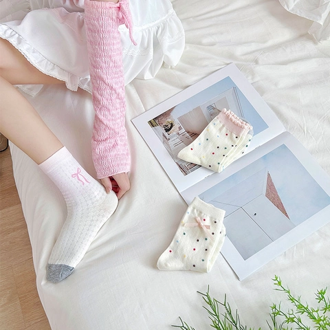 Calcetines Media Pierna Dulces Estilo Japonés para Mujer Mezcla Algodón Finos Transpirables Lazo Lunares Cinta Borde
