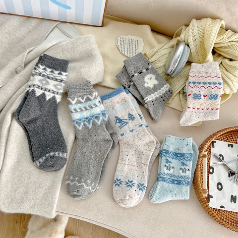 Calze Al Polpaccio Donna Misto Lana Maglia Spessa Termica Calda Inverno Motivo Nordico Fair Isle Stile Giapponese Carino