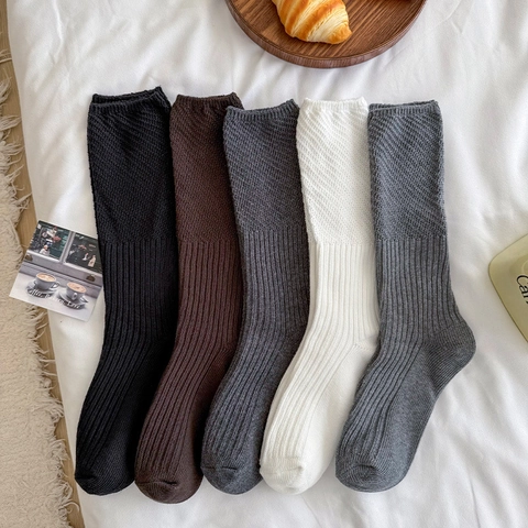 Women Slouch Socks Cotton Blend Ribbed Mesh Patchwork Solid Color Japanese Style Mid Calf Length Breathable Vintage