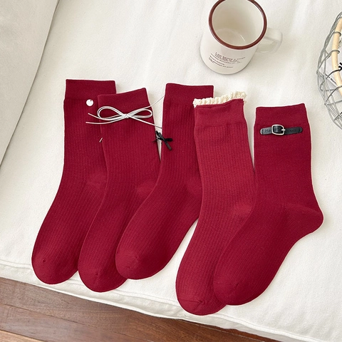 Damen Wadenhohe Socken Vintage Rot Baumwollstrick Mit Dekorative Schleife Spitze Und Lederschnalle Preppy Stil