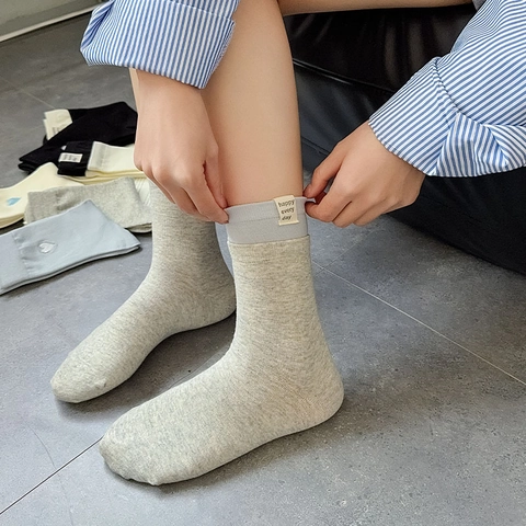 Women Mid Calf Crew Socks Cotton Heart Embroidery Letter Label Ribbed Cuff Breathable Casual Japanese Preppy Style