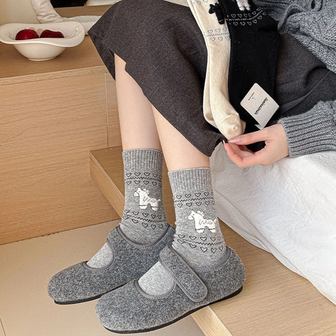 Women Cotton Blend Slouch Socks Heart Animal Jacquard Pattern Japanese Sweet Style Middle Tube Socks
