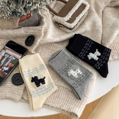 Women Cotton Blend Slouch Socks Heart Animal Jacquard Pattern Japanese Sweet Style Middle Tube Socks