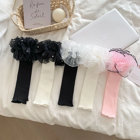 Lolita Style Leg Warmers Women Sweet Organza Ruffle Trim With Faux Artificial Pearls Acrylic Knit Slouch Socks Balletcore